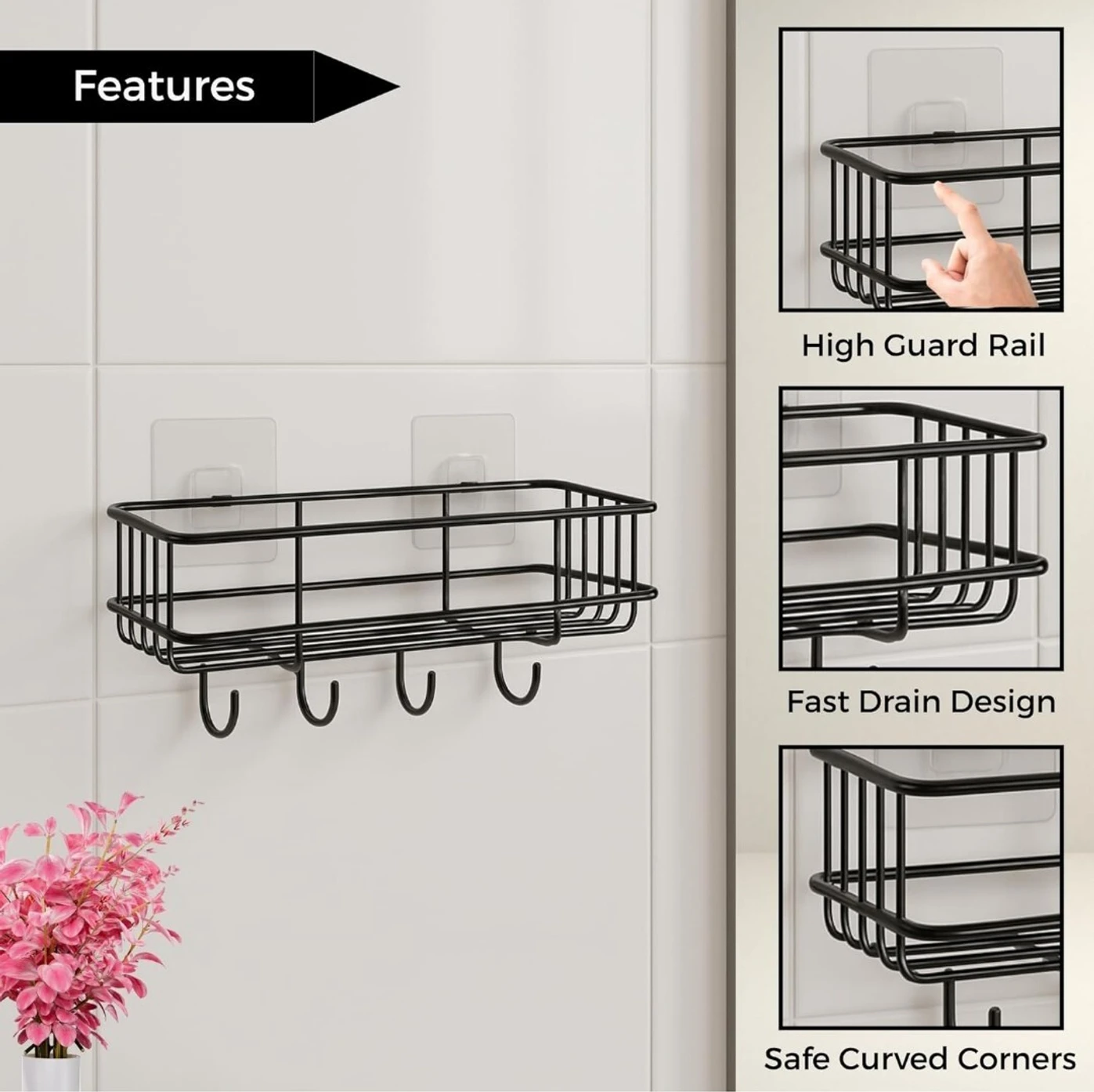 KYASO Bathroom rack self with 4 hooks to hang towel and more hanging items Iron Wall Shelf - Image 3