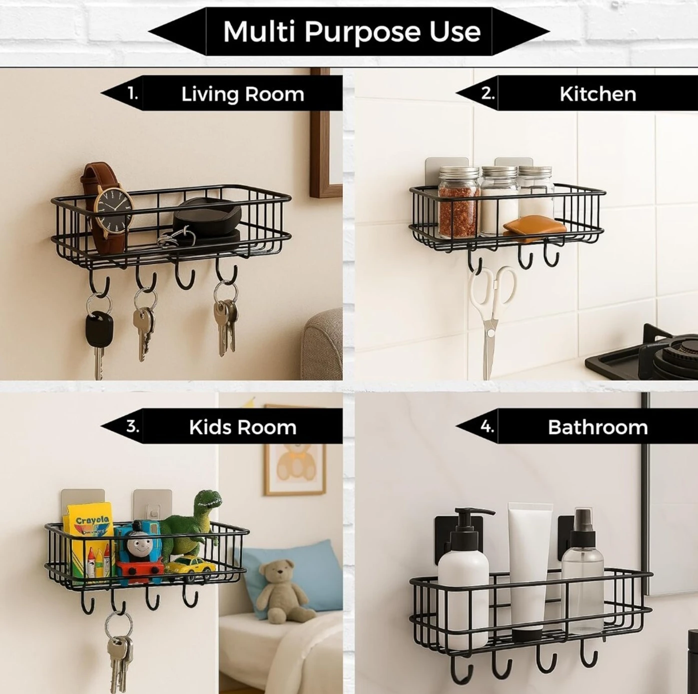 KYASO Bathroom rack self with 4 hooks to hang towel and more hanging items Iron Wall Shelf - Image 4