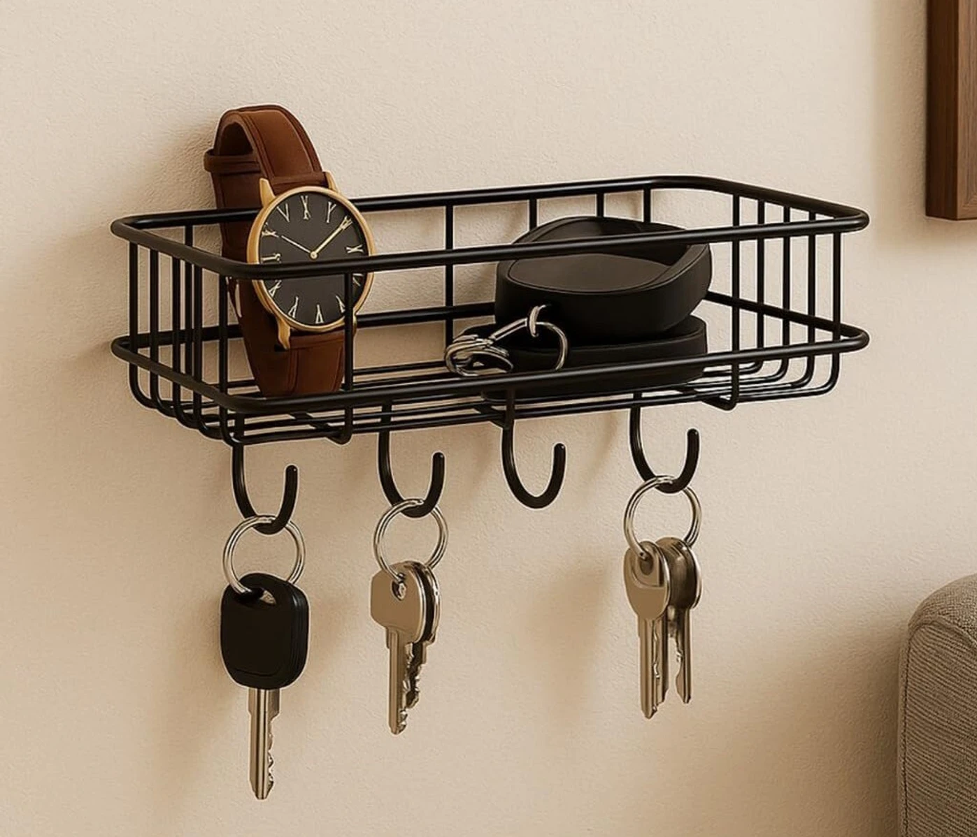 KYASO Bathroom rack self with 4 hooks to hang towel and more hanging items Iron Wall Shelf - Image 5